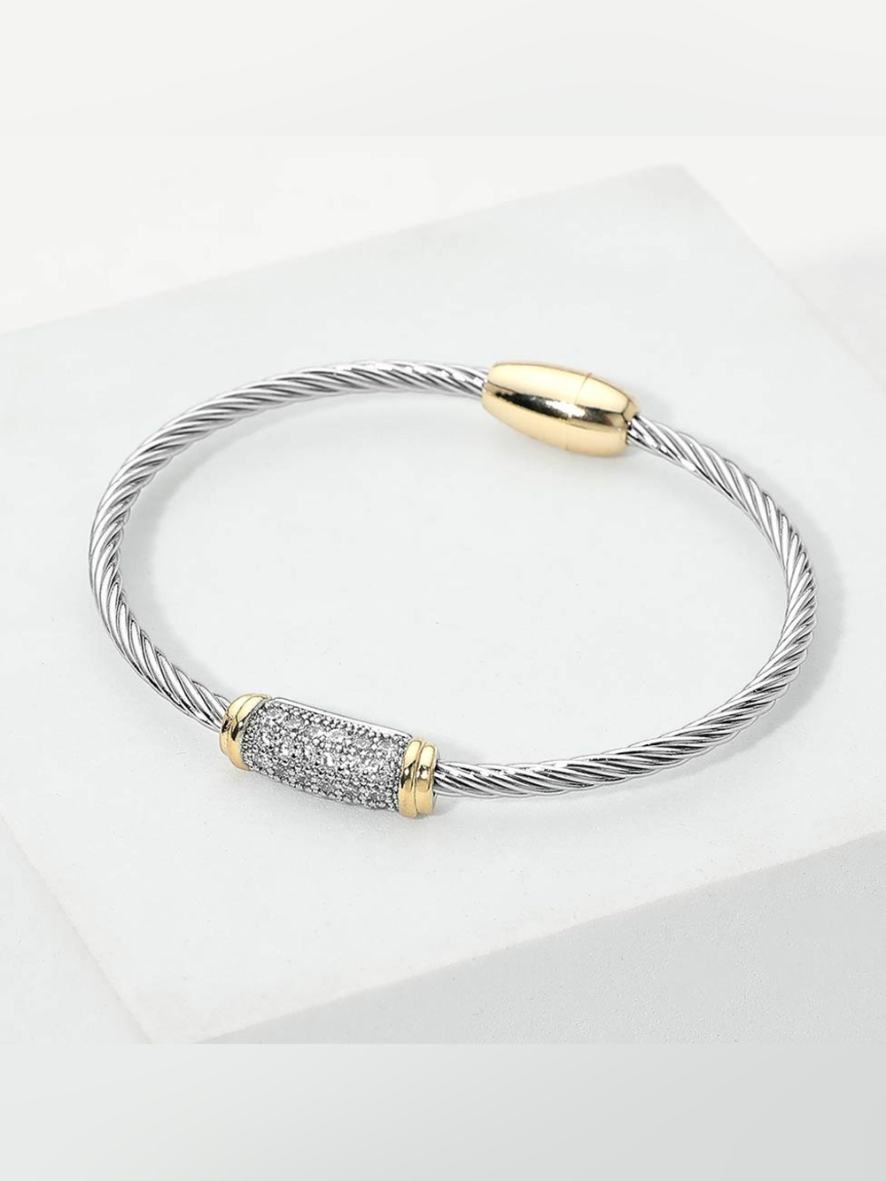 14K Gold Plated CZ Pave Bar Accent Twisted Cable Magnetic Bangle Bracelet